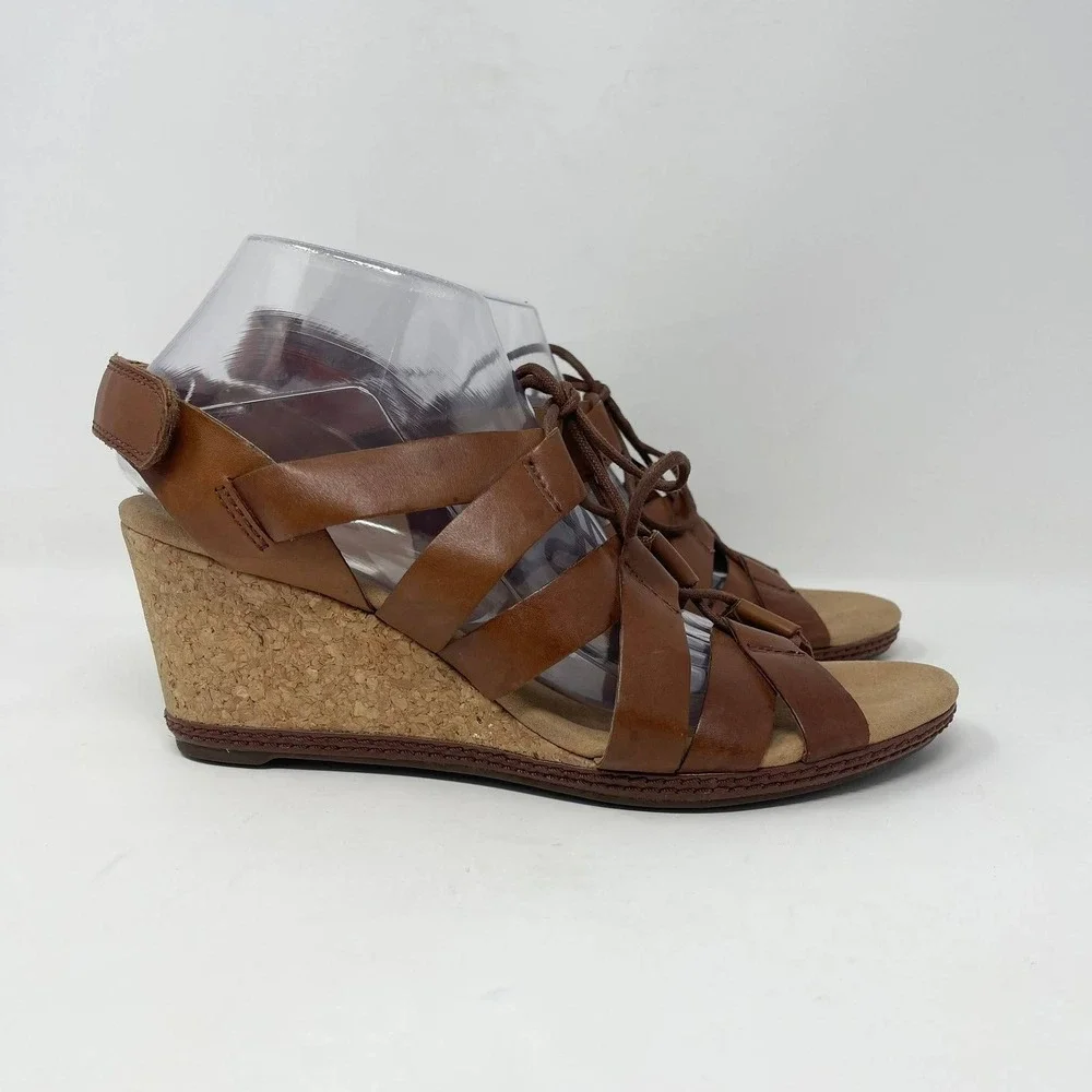 Clarks Helio Mindin Lace Up Cork Wedge Sandals Wms 10 Brown Leather Soft Cushion